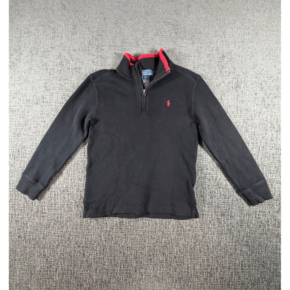 Polo Ralph Lauren Boys Black Quarter Zip Cotton Sweater Red Pony Size 7